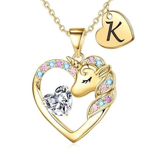 TINGN Einhorn Geschenke für Mädchen, 14 Karat Vergoldet Herz Einhorn Kette Mädchen Einhorn Geschenke für Mädchen Einhorn Kette mit Buchstaben K Kette Mädchen Teenager Mädchen Geschenke Einhorn Schmuck von TINGN