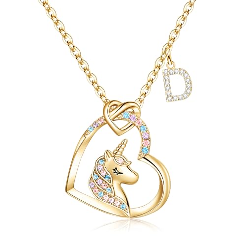 TINGN Einhorn Geschenke für Mädchen, Gold Kette mit Anhänger für Mädchen Initiale Halskette CZ Gold Einhorn Kette mit Buchstaben D für Mädchen Kette Gold Einhorn Halskette Geschenke Mädchen Schmuck von TINGN