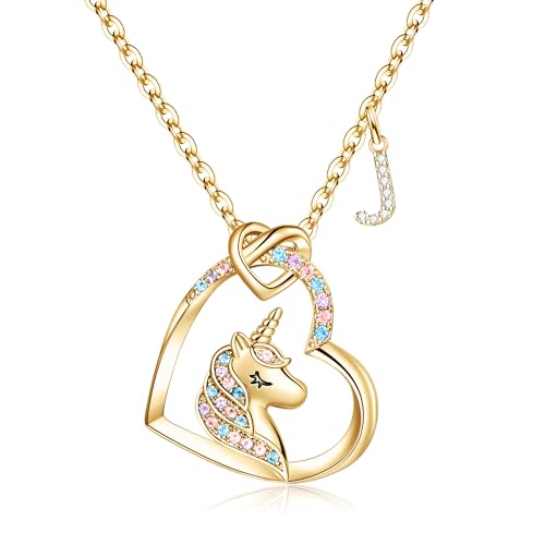 TINGN Einhorn Geschenke für Mädchen, Gold Kette mit Anhänger für Mädchen Initiale Halskette CZ Gold Einhorn Kette mit Buchstaben J für Mädchen Kette Gold Einhorn Halskette Geschenke Mädchen Schmuck von TINGN