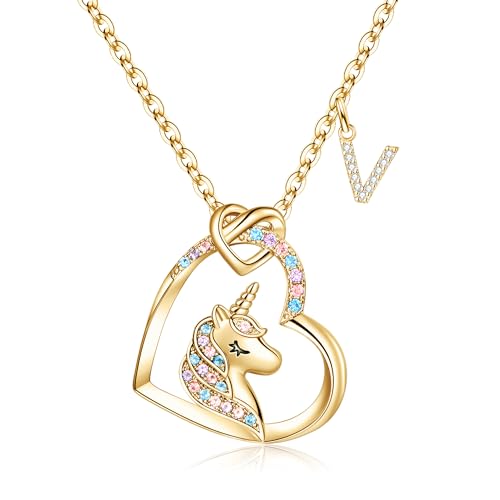 TINGN Einhorn Geschenke für Mädchen, Gold Kette mit Anhänger für Mädchen Initiale Halskette CZ Gold Einhorn Kette mit Buchstaben V für Mädchen Kette Gold Einhorn Halskette Geschenke Mädchen Schmuck von TINGN