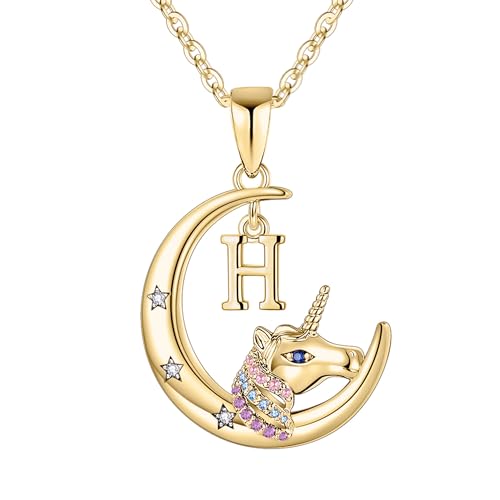 TINGN Einhorn Geschenke für Mädchen, Gold Plattiert mit Zirkonia Einhorn Kette mit Buchstaben H Initial Einhorn Halskette Mädchen Einhorn Anhänger Halskette für Mädchen Schmuck Mädchen Geschenke von TINGN