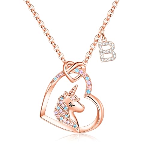 TINGN Einhorn Geschenke für Mädchen - 14K Roségold Vergoldet Einhorn Buchstabe B Halskette Mädchen | Rosegold Einhorn Kette Mädchen | Schmuck Mädchen | Geburtstagsgeschenk für Mädchen Geschenke von TINGN