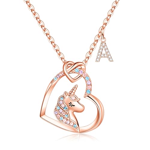 TINGN Einhorn Geschenke für Mädchen - 14K Roségold Vergoldet Einhorn Initiale A Kette Mädchen | Einhorn Halskette | Einhorn Kette Mädchen Rosegold | Einhorn Schmuck Mädchen | Mädchen Geschenke 8 Jahre von TINGN