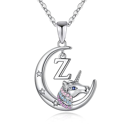 TINGN Einhorn Geschenke für Mädchen Einhorn Kette, 14 Karat Weißgold Plattiert CZ Einhorn Halskette Buchstabe Z Mond Anhänger Einhörner Geschenke für Mädchen Einhorn Kette Geschenke Mädchen Schmuck von TINGN