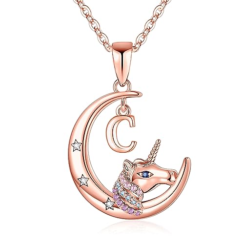 TINGN Einhorn Geschenke für Mädchen Frauen, 14 Karat Roségold Vergoldet Einhorn Anhänger für Mädchen Einhorn Initialen C Halskette Einhorn Ketten Mädchen Kinder Einhorn Geschenke für Mädchen Nichte von TINGN