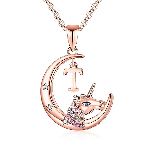 TINGN Einhorn Geschenke für Mädchen Frauen, 14 Karat Roségold Vergoldet Halbmond Anhänger Einhorn Initialen Halskette CZ Buchstabe T Einhorn Kette Geschenke Einhorn Halskette für Mädchen Schmuck von TINGN