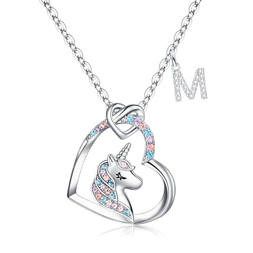 TINGN Einhorn Geschenke für Mädchen, Silber Kette Herz Einhorn Kette Halskette Mädchen Intiale Einhorn Kette mit Buchstaben M Einhorn Halskette Schmuck Mädchen Einhorn Geschenke für Mädchen von TINGN