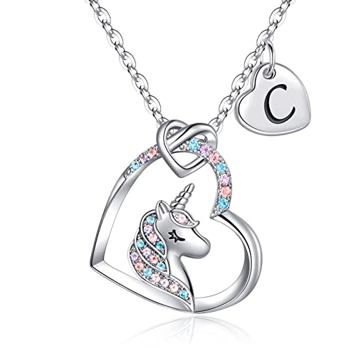 TINGN Einhorn Geschenke für Mädchen, Weißgold Herz Anhänger Einhorn Ketten für Mädchen Tochter Einhorn Kette mit Buchstaben C Einhorn Halskette Schmuck Einhorn Geburtstagsgeschenk für Teenager Mädchen von TINGN