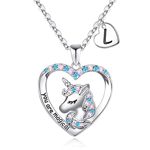 TINGN Weihnachten Geschenke für Mädchen, Herz Anhänger Einhorn Halsketten für Mädchen Intiale Kette mit Buchstaben L Einhorn Kette Mädchen Schmuck Einhorn Geschenke für Mädchen Kette Kinder Mädchen von TINGN