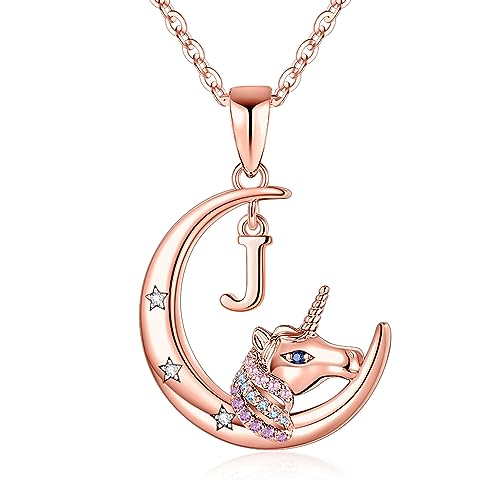 TINGN Einhorn Geschenke für Mädchen Schmuck, Roségold Vergoldet Einhorn Buchstabe J Halskette CZ Einhorn Anhänger Personalisierte Geschenke Baby Einhorn Geschenke für Mädchen 5 6 7 8 9 10 11 Jahre von TINGN