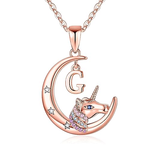 TINGN Einhorn Halskette Geschenke für Mädchen, 14 Karat Roségold Vergoldet Initial Einhorn Halsketten für Mädchen Halbmond Anhänger Einhorn Kette G Einhorn Halskette Geschenke für Mädchen Schmuck von TINGN