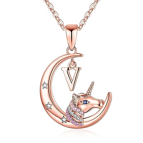 TINGN Einhorn Geschenke für Mädchen Halskette, 14 Karat Roségold Vergoldet Initial Einhorn Halsketten für Mädchen Halbmond Anhänger Einhorn Kette V Einhorn Halskette Geschenke für Teen Mädchen Schmuck von TINGN