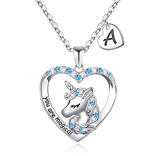 TINGN Geschenke für Mädchen, Einhorn Geschenke für Mädchen Einhorn Halskette für Mädchen Schmuck CZ Herz Anhänger Initiale A Einhorn Kette Mädchen Geschenke 6 Jahre Geschenke für Mädchen ab 6-8 Jahren von TINGN