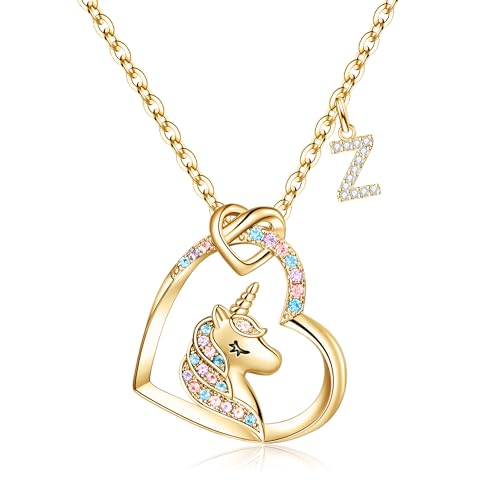 TINGN Einhorn Kette Geschenke für Mädchen, Vergoldet CZ Herz Anhänger Einhorn Halskette Mädchen Geschenke Mädchen Kette Gold Initiale Z Kette Einhorn Geburtstag Geschenke für Mädchen Schmuck von TINGN