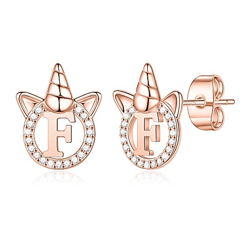 TINGN Einhorn Ohrringe Geschenke für Mädchen, Rosegold Ohrringe Silber 925 Mädchen Medizinische Ohrstecker ohrringe mit Buchstaben F Einhorn Schmuck Weihnachten Geschenke für Frauen Tochter von TINGN