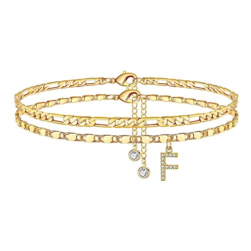 Fußkettchen für Damen, Gold Cz Buchstabe F Fussketten für Frauen Fußkettchen Verstellbar Doppelte Fußketten Stabil Figarokette Fußkette Frau Mädchen Tochter Freundin Kinder Geschenk von TINGN
