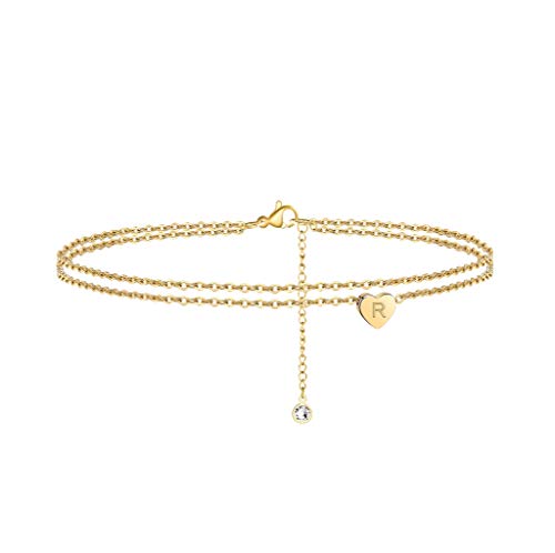 TINGN Fußkettchen für Damen Gold, 14 Karat Gold Gefüllt Geschichtetes Fußkettchen Verstellbar Strand Buchstaben Fußkettchen für Frauen Herz Fußkettchen mit Buchstaben R Fußkettchen für Damen Schmuck von TINGN