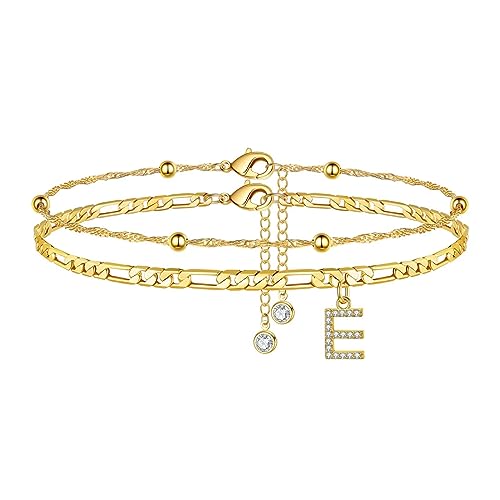 TINGN Fussketten für frauen, Gold Fußkettchen für Damen Fußkettchen mit CZ Buchstaben E Doppelte Fußkette Verstellbar Geschenk für Sommer Tochter Freund Schwester Geschenk von TINGN