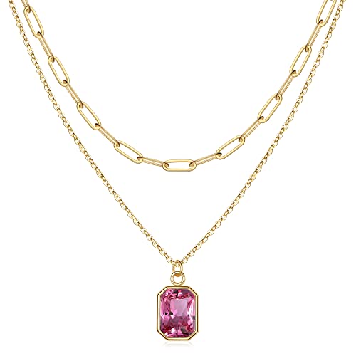 TINGN Geburtsstein Kette Damen Gold, Rosa Halskette Damen Gold Geburtsstein Kette Oktober Rosa Saphir Kette Goldkette Damen Gold Geschichtet Halskette Damen Gold Kette Geburtstagsgeschenk für Frauen von TINGN