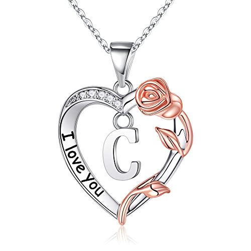 TINGN Halskette Damen Geschenk Frauen, Silber Kette mit Buchstaben Kette mit Rosa Herz Anhänger für Damen Intiale C Halskette Damen Schmuck Damen Geschenke für Frauen Freundin Mama Geschenk von TINGN