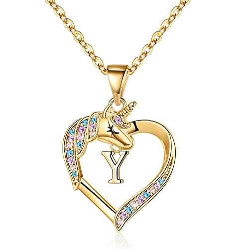 TINGN Geschenk für Mädchen Einhorn Halskette, 14 Karat Vergoldet CZ Herz Anhänger Einhorn Halsketten für Damen Einhorn Kette Y Gold Damen Initiale Einhorn Geburtstags Geschenke für Mädchen Schmuck von TINGN