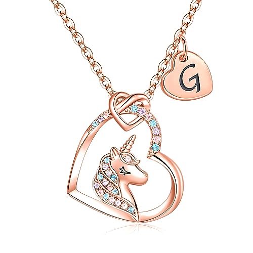 TINGN Geschenke für Mädchen Einhorn Halskette, 14 Karat Roségold Vergoldet CZ Herz Anhänger Einhorn Halsketten für Mädchen Einhorn Kette Initiale G Einhorn Geburtstagsgeschenk für Mädchen Schmuck von TINGN