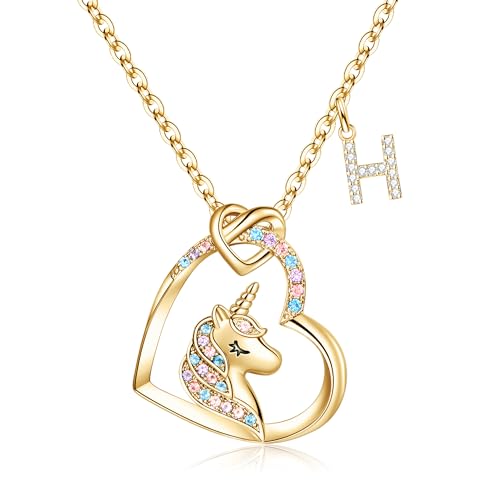 TINGN Geschenke für Mädchen Einhorn Halskette, Vergoldet CZ Herz Anhänger Einhorn Halskette Mädchen Geschenk Kette Gold Initiale H Kette Einhorn Weihnachten Geburtstag Geschenke für Mädchen Schmuck von TINGN