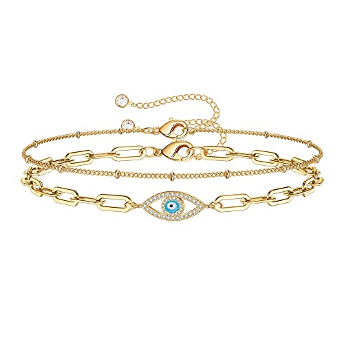 TINGN Geschichtete Böses Auge Armbänder für Damen Schmuck, 14 Karat Gold Gefüllte Geschichtet Perlenketten Armband Büroklammer Kette Evil Eye Armbänder für Frauen(Zirkonia Böser Blick & Gliederkette) von TINGN