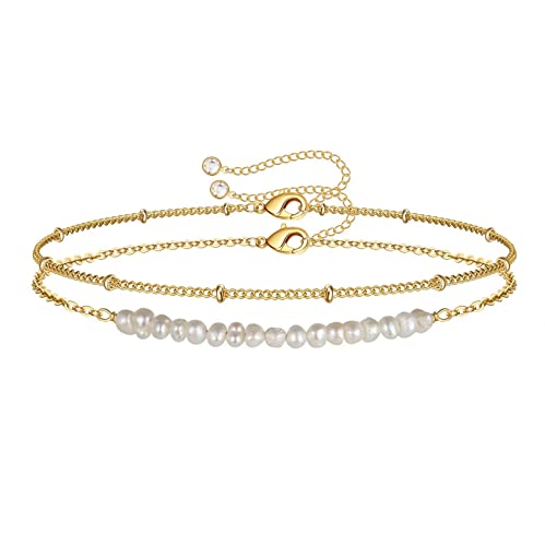 TINGN Geschichtete Perlen Armband für Frauen, 14 Karat Gold Gefüllte Handgefertigte Geschichtete Kleine Perlen Armband Schmuck für Frauen Teenager Geschenke (Kleine Perlen & Satellitenkette) von TINGN