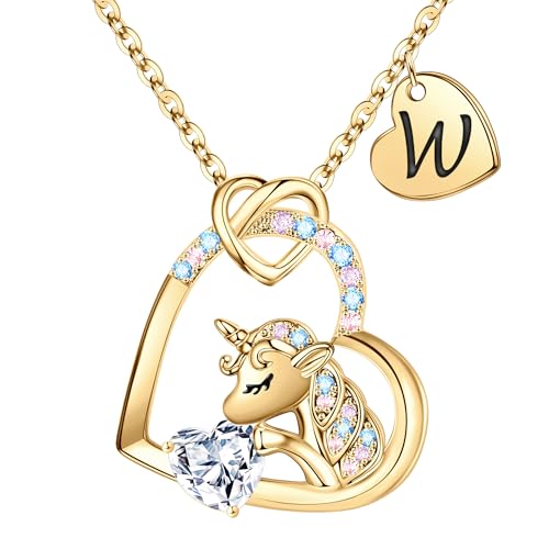 TINGN Gold Einhorn Geschenke für Mädchen, Gold Einhorn Kette Mädchen Gold Kette Herz Einhorn Geschenke für Mädchen Einhorn Kette mit Buchstaben W Kette Einhorn Geschenke für Teenager Mädchen von TINGN