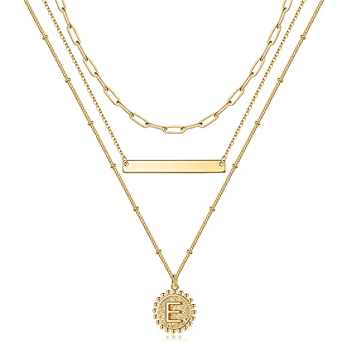 TINGN Gold Schichtung Halskette Damen Gold, 14K Gold Vergoldet Büroklammer Kette Damen Halskette Zierliche Münzen Buchstaben Kette Schichtung Gold Choker Kette Damen Gold Buchstabe E Halskette von TINGN