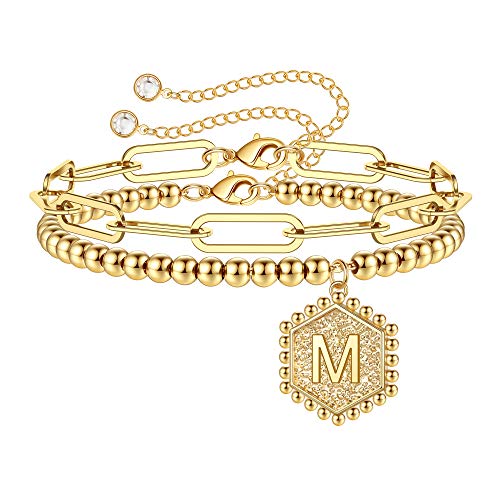 TINGN Gold Armband mit Buchstaben Armband Damen, Zierliche Buchstaben Armbänder Gold Armband Damen Buchstabe M Buchstaben Armbänder Geschichtet Büroklammer Gliederkette Armband Damen Schmuck von TINGN