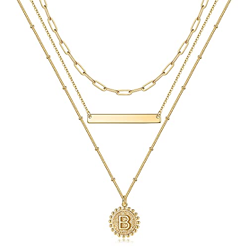 TINGN Gold Kette Damen Halskette Damen Gold, 14K Gold Vergoldet Büroklammer Kette Damen Halskette Zierliche Münzen Buchstaben Kette Schichtung Gold Choker Kette Damen Gold Buchstabe B Halskette von TINGN