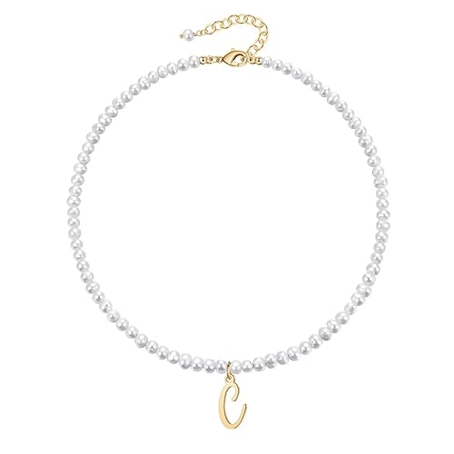 TINGN Gold Perlen Kette mit Buchstaben, 14K Vergoldet Perlen Kette Halskette Choker Kette für Frauen Freundin Halskette Anhänger Initialen Halskette Damen Schmuck Geschenke Verstellbar (C) von TINGN