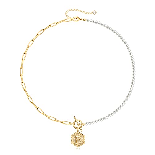 TINGN Gold Perlen Kette mit Buchstaben F, 14K Vergoldet Büroklammer Gliederkette Halskette Choker Kette Halskette Perlen Kette Anhänger Kette Damen Initialen Gold Schmuck Geschenke für Mädchen Frauen von TINGN