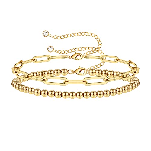 TINGN Gold Zierliche Mehrreihige Armband für Damen, 14 Karat Gold Gefüllt Schichtung Perlenkette Mehrlagige Gliederkette Perlen Armbänder für Frauen Mädchen Geschenke Schmuck (Perlen & Gliederkette) von TINGN