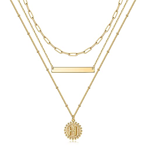 TINGN Goldkette Damen Halskette Damen Gold, 14K Gold Vergoldet Büroklammer Kette Damen Halskette Zierliche Münzen Buchstaben Kette Layering Gold Choker Kette Damen Gold Buchstabe H Halskette von TINGN