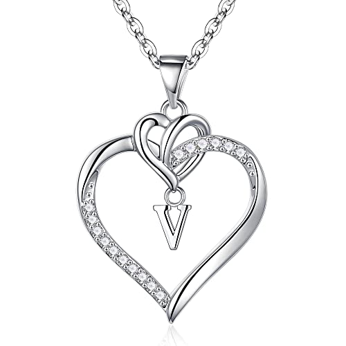 TINGN Halskette Damen Geschenke für Frauen, Silber Kette mit Buchstaben Herz Anhänger Kette für Damen Mädchen Intiale V Halskette Damen Buchstaben Kette Schmuck Damen Geschenke für Frauen Mädchen von TINGN