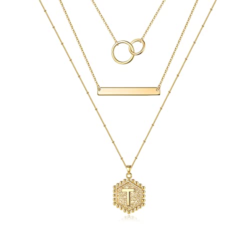 TINGN Halskette Damen Gold Kette Damen, 14 Karat Vergoldete Zierliche Mehrreihige Hexagon Choker Kette Damen Gold Halskette Handgefertigte Buchstaben Anhänger Ketten für Mädchen Schmuck Geschenke (T) von TINGN