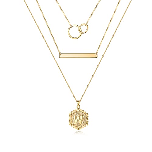 TINGN Halskette Damen Gold Kette mit Buchstaben, 14 Karat Vergoldete Halskette Damen Hexagon Choker Ketten Handgefertigte Anhänger Münze Anhänger Buchstabe Kette mit Buchstaben Schmuck Damen (W) von TINGN