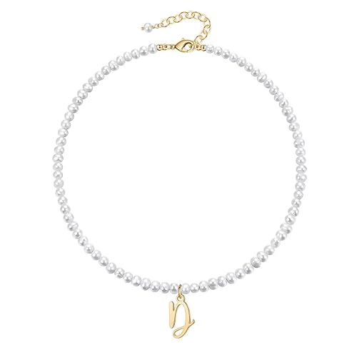 TINGN PerlenKette Damen Halskette Gold, 14K Vergoldet Perlen Kette Halskette Choker Kette für Frauen Freundin Halskette Anhänger Initialen Halskette Damen Schmuck Geschenke (D) von TINGN