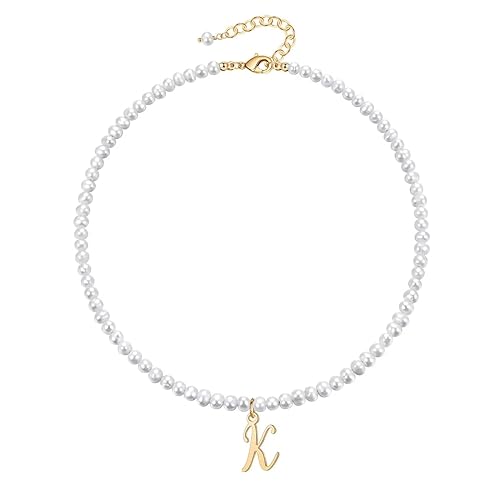 TINGN Halskette Damen Gold Kette mit Buchstaben, 14K Vergoldet Perlen Kette Halskette Choker Kette für Frauen Freundin Halskette Anhänger Initialen Halskette Damen Schmuck Geschenke (K) von TINGN