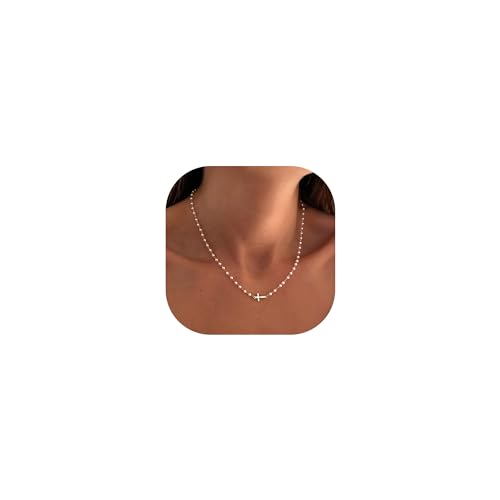 TINGN Halskette Damen Kreuz Kette Damen, 14K Vergoldet Gold Kreuz Kette Personalisierte Kette mit Kreuz Anhänger Perlen Choker Kreuz Kette Frauen Modeschmuck für Frauen und Mädchen Goldkette Damen von TINGN