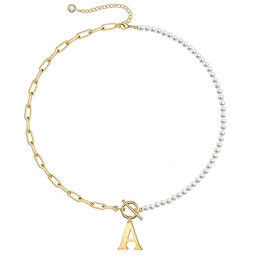 TINGN Halskette Damen Perlen Kette Gold, Büroklammer Gliederkette Halskette Choker Kette Damen Halskette Perle Ketten A Buchstaben Kette Initialen Halskette Damen Schmuck Geschenke für Frauen Mädchen von TINGN