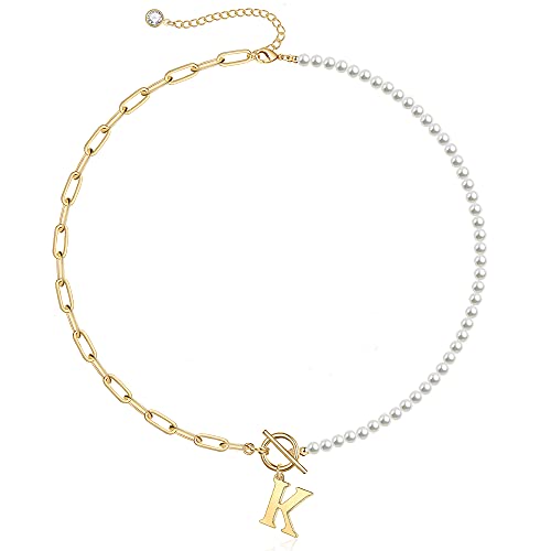 TINGN Halskette Damen Perlen Kette Gold, 14K Vergoldet Büroklammer Gliederkette Halskette Choker Kette Halskette Perle Ketten Anhänger Initialen Halskette Damen Schmuck Geschenke Verstellbar (K) von TINGN