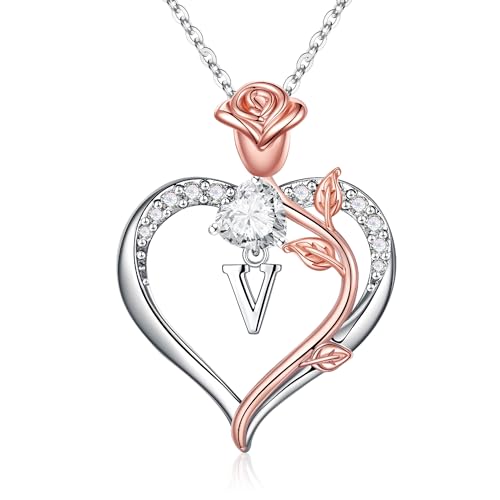 TINGN Halskette Damen Silber Kette mit Buchstaben, CZ Herz Rosa Buchstaben Kette Damen Intiale V Kette Damen Silber Kette mit Buchstaben Geburtstags Geschenk für Frauen MaMa Freundin Teenager Mädchen von TINGN