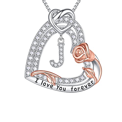 TINGN Muttertagsgeschenke für Mama - Halskette Damen Silber 925 Rose Liebe Halskette mit Herz Anhänger Kette mit Buchstaben J Muttertag Geschenk für Sie Mutter Frauen Oma Großmutter Mama Geschenk von TINGN