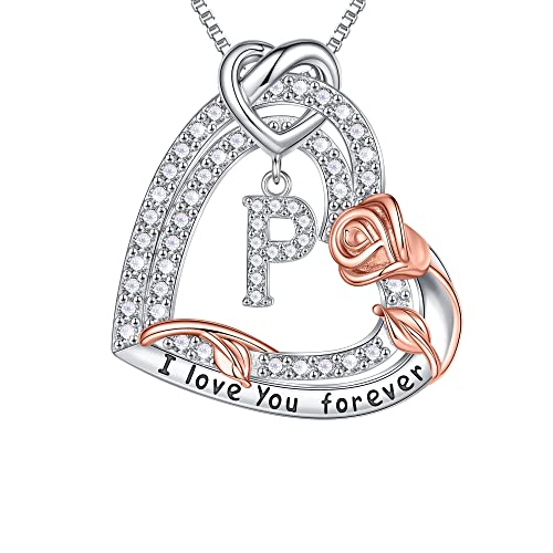 TINGN Muttertagsgeschenke für Mama - Halskette Damen Silber 925 Rose Liebe Halskette mit Herz Anhänger Kette mit Buchstaben P Muttertag Geschenk für Sie Mutter Frauen Oma Großmutter Mama Geschenk von TINGN