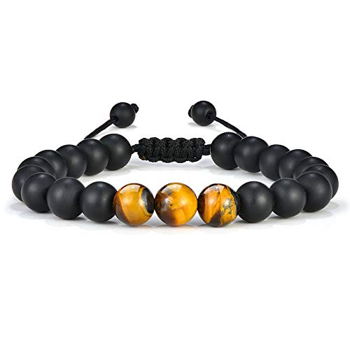 TINGN Herren Armband, Natürliches Tigerauge Schwarz Matt Achatstein Herren Angst Armband Verstellbares Tigerauge Armband Dankeschön Geschenke für Ihn Vatertags Geschenke für Männer von TINGN