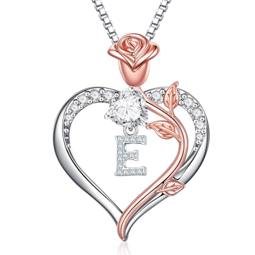 TINGN Geschenke für Mama Frauen Sie - Halskette Damen Silber 925 Herz Rose Kette Anhänger Kette mit Buchstaben E Schmuck Valentinstag Geburtstag Geschenke Muttertagsgeschenke Mama Mutter Frauen von TINGN